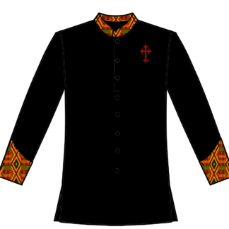 Black Shirt btn frt wth kente and cross