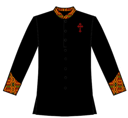 Black Shirt btn frt wth kente and cross